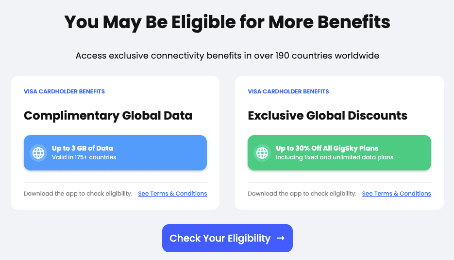 Screen shot of gigsky website listing possible benefits including free access and discounted plans with visa cards