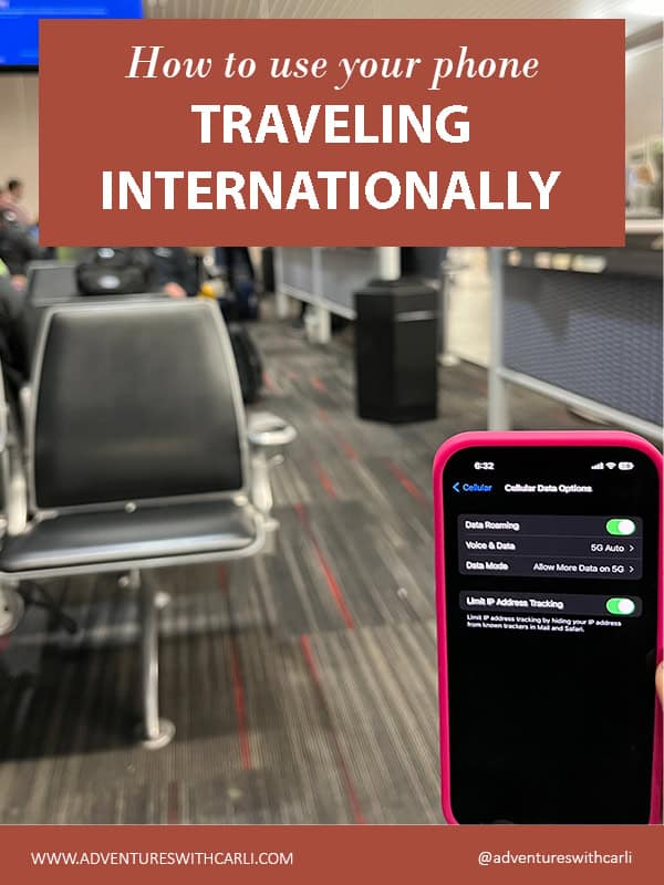 poster reading: How to Use Your Phone while Traveling Internationally. forground iphone with hot pink case. airport gate seating in background
