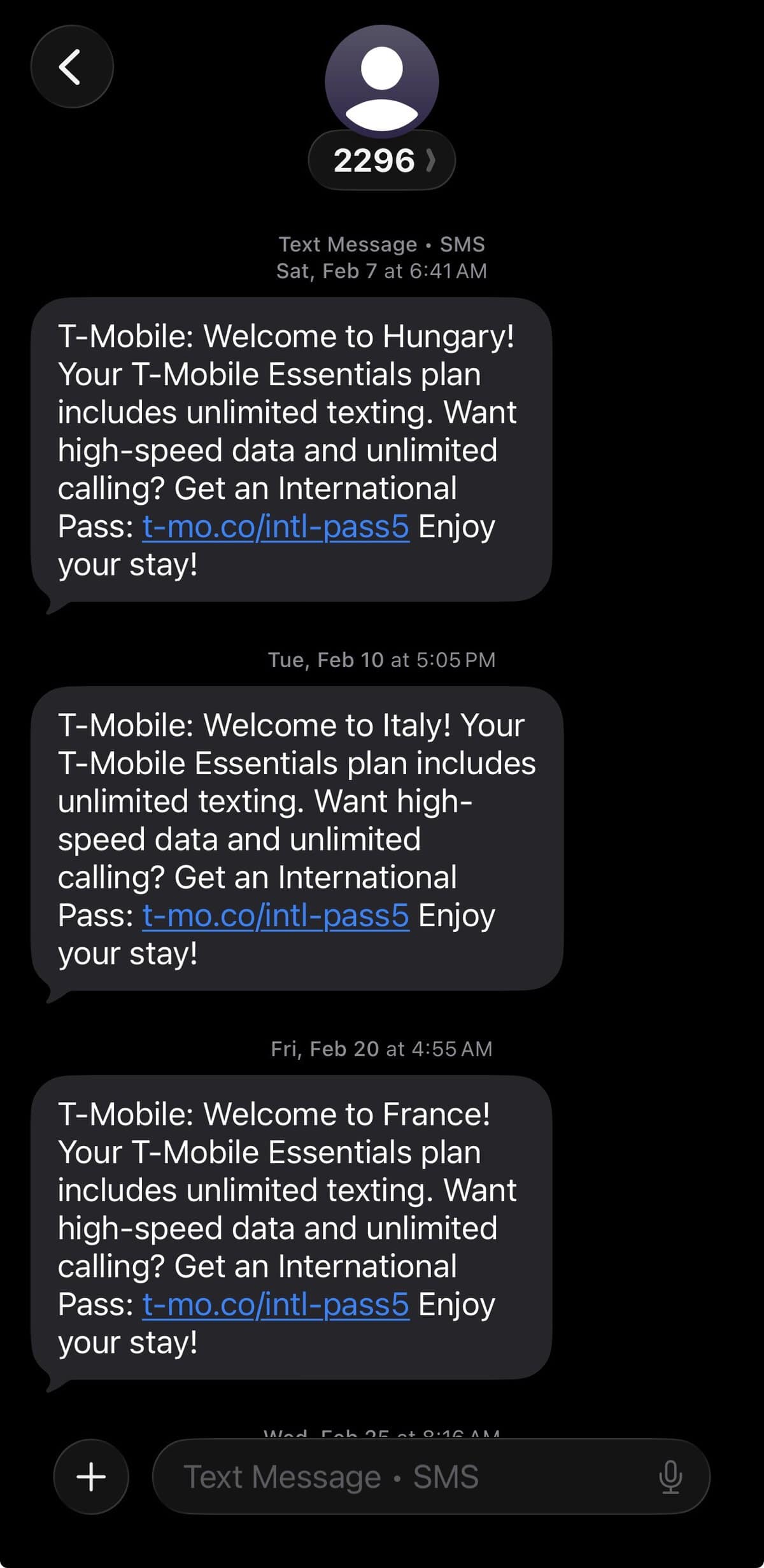 auto text thread from T-mobile outlining international data coverage