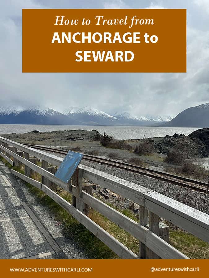 poster reading how to travel from anchorage to seward background image of railroad tracks along the water with mountains in the background