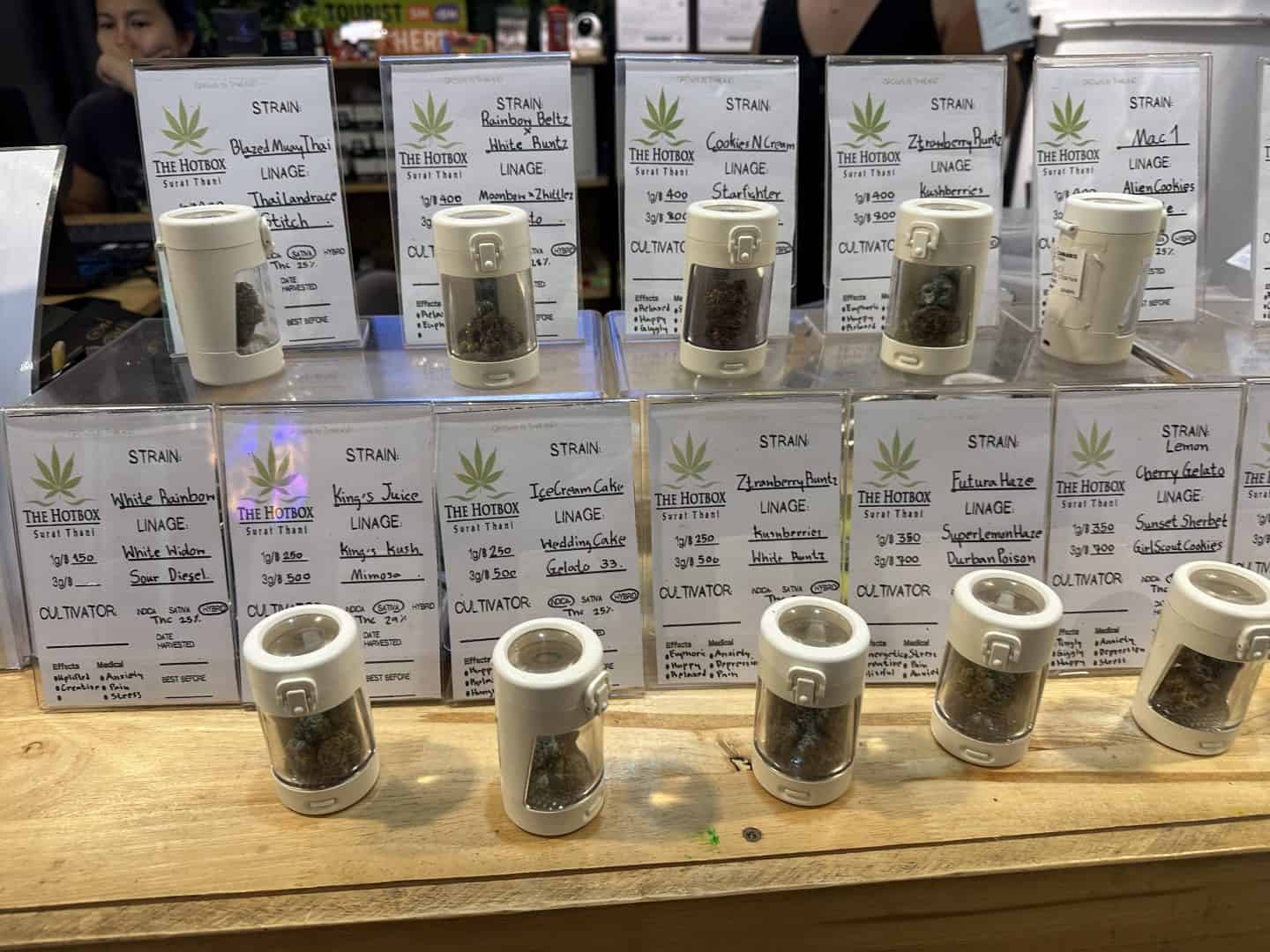 pots of cannabis flower at the Hotbox cannabis shop in Ko Phangan