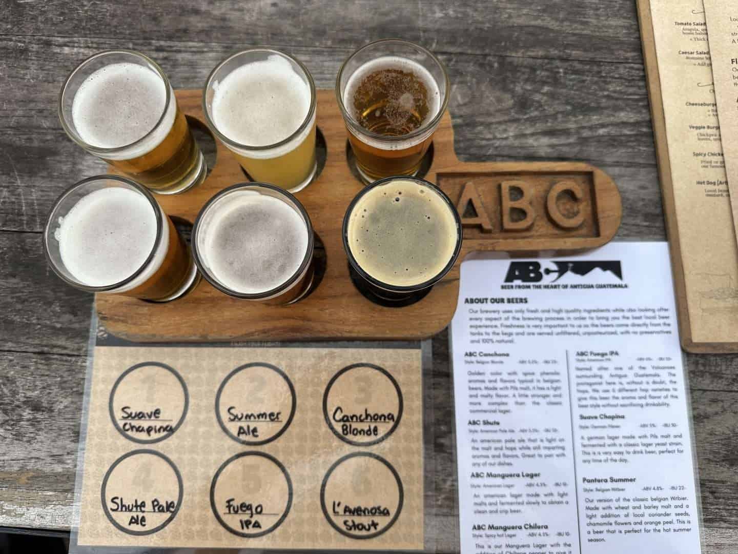 beer flight at Antigua Brewing Company - antigua guatemala bars