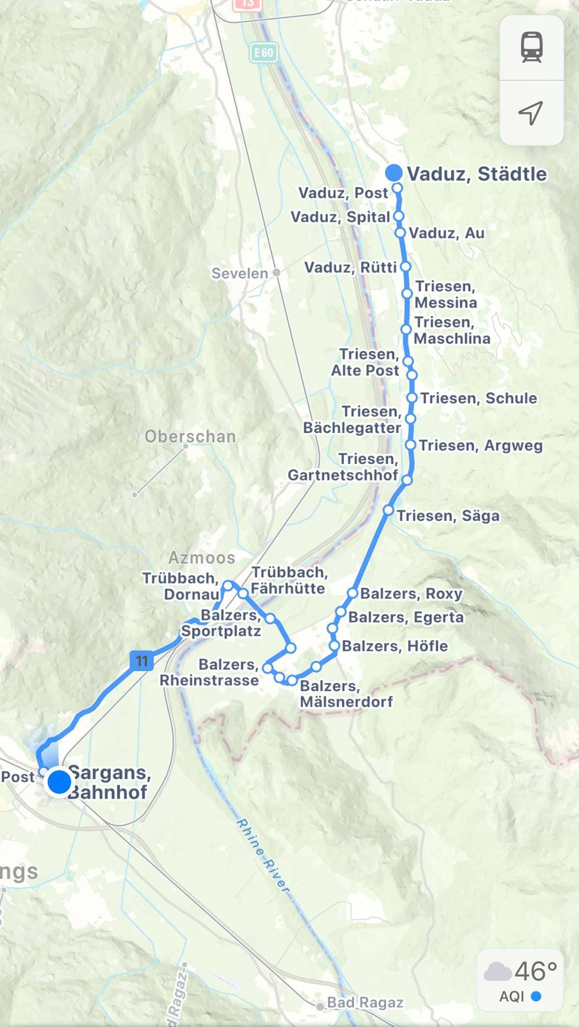 map of bus route from sardans to vaduz