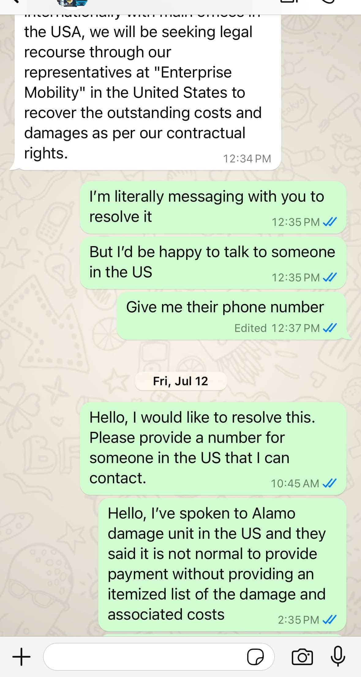 text message exchange with alamo rent a car guatemala customer service
