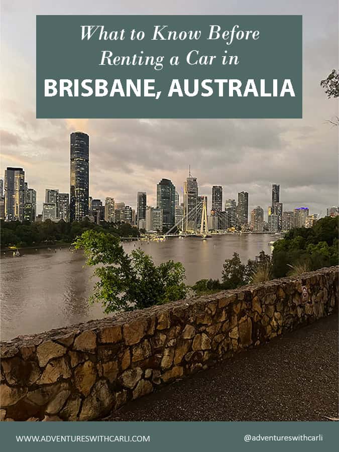 poster reading What You Need to Know Before Renting a Car in Brisbane. background image of Brisbane River and Brisbane skyline at dusk