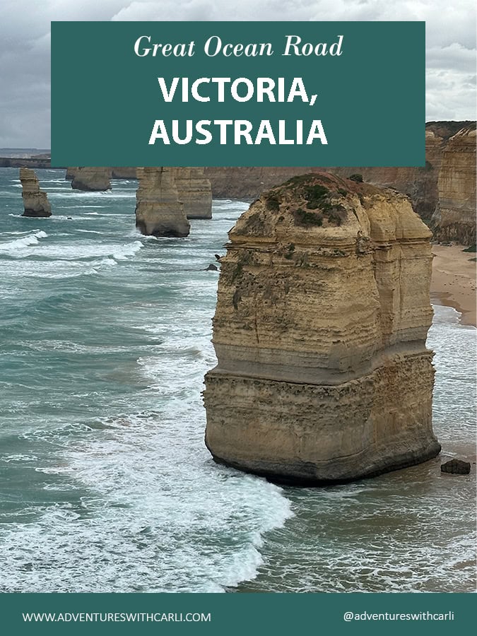 poster reading: great ocean road tour Victoria Australia background image of ocean with large scale rock cliffs in the water