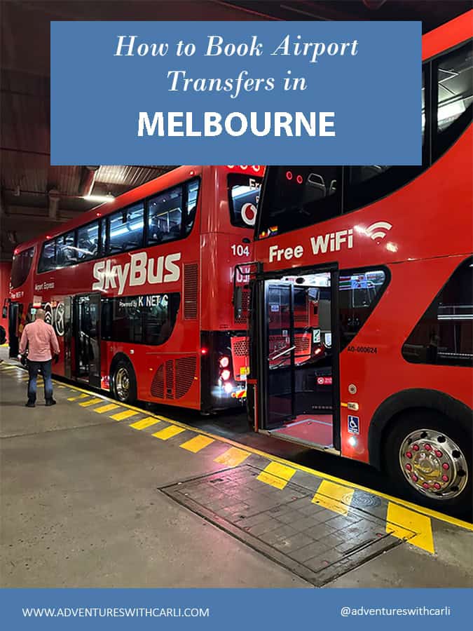 Poster Reading: how to book airport transfers in Melbourne Australia background image of two red double decker buses