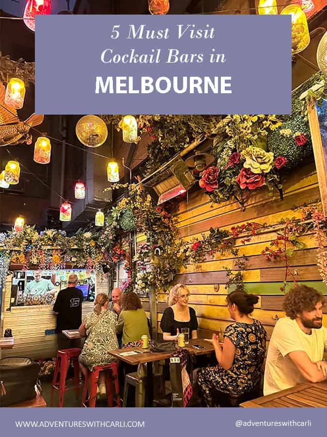 poster reading: 5 Melbourne Cocktail Bars you need to visit background image of people seated in small cocktail bar with hanging lamps overhead and wood wall with plants