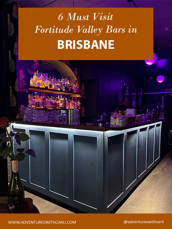 poster reading: 6 must visit Fortitude Valley Bars in Brisbane background image: dark purple lit ceiling and wall of spirits, with blue gray painted bar