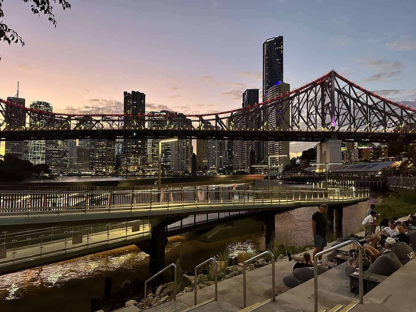 view of story bridge at sunset from Felons Brewery in Brisbane