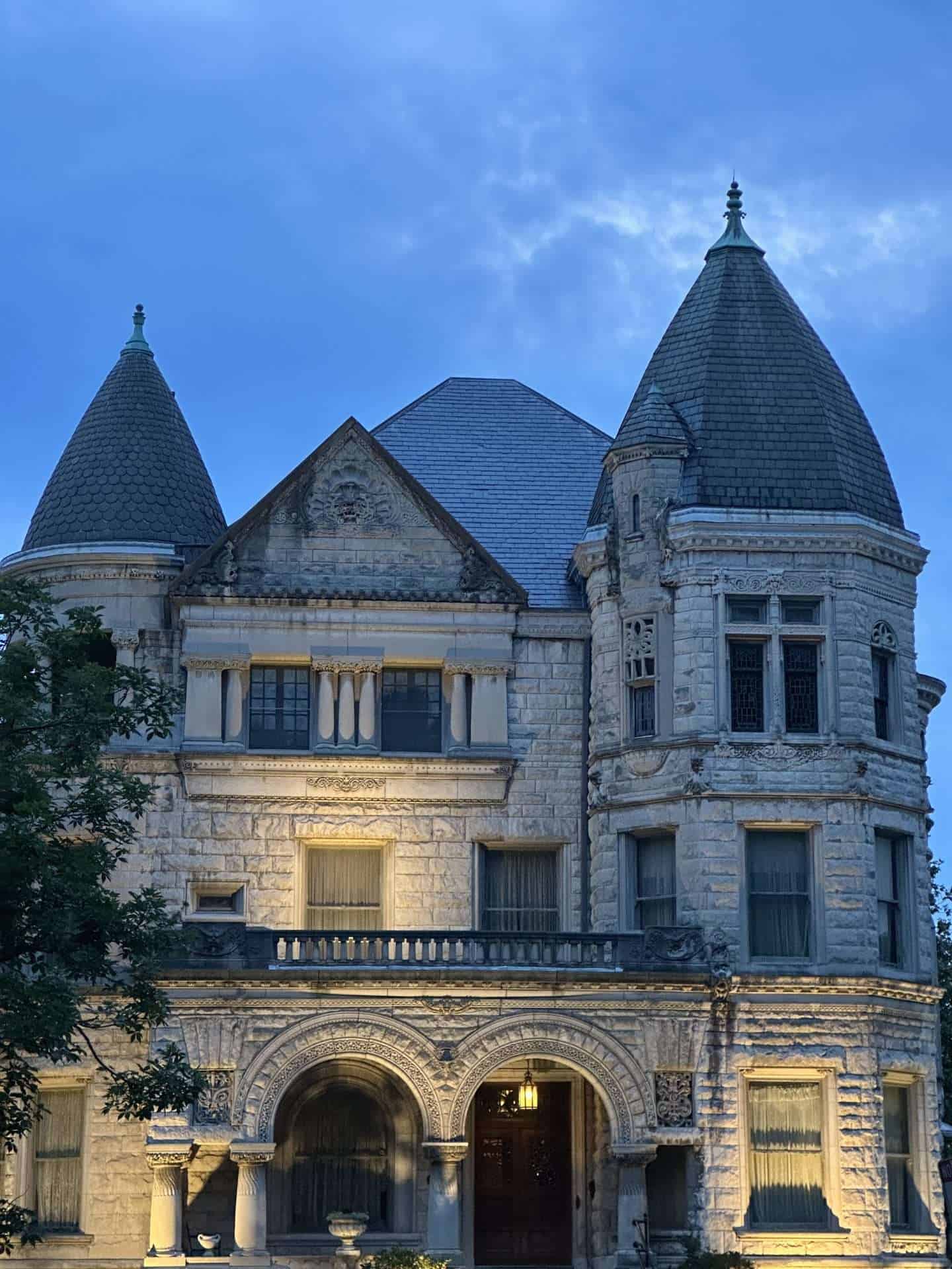 exterior of Conrad-Caldwell House Museum in louisville at dusk
