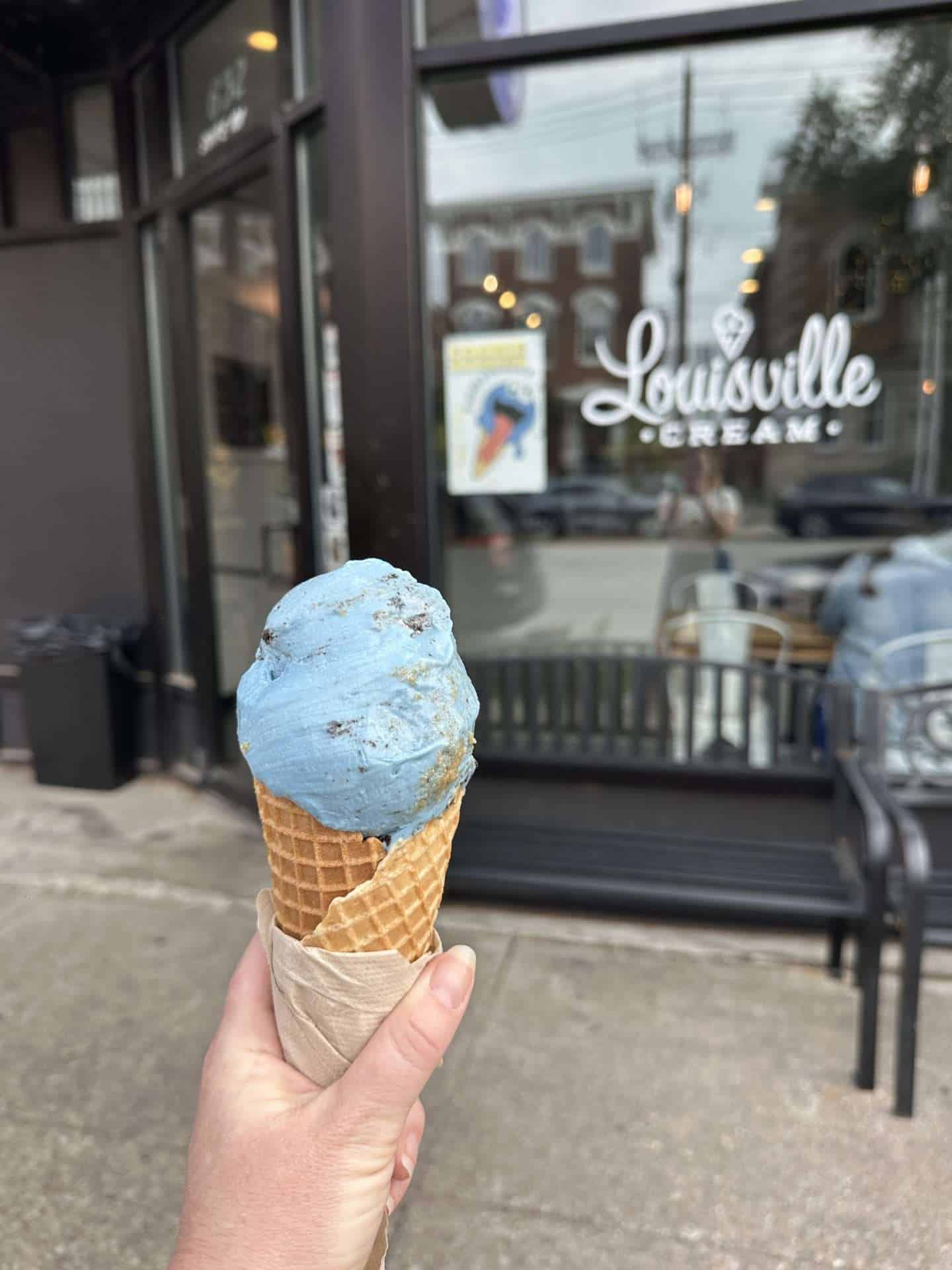 cone of cookie monster ice cream oustide louisville creme