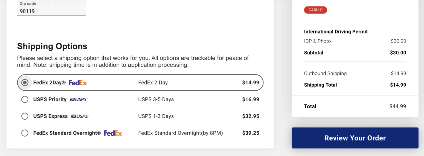 cost for online application of international driving permit