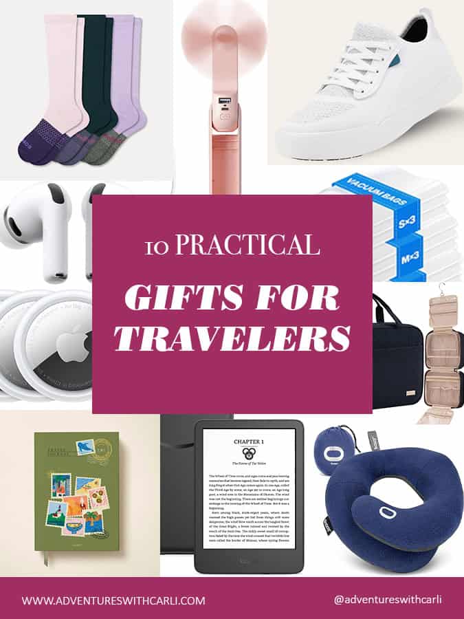 poster reading: 10 Practical Gifts for Travelers. background collage of 10 different gift images