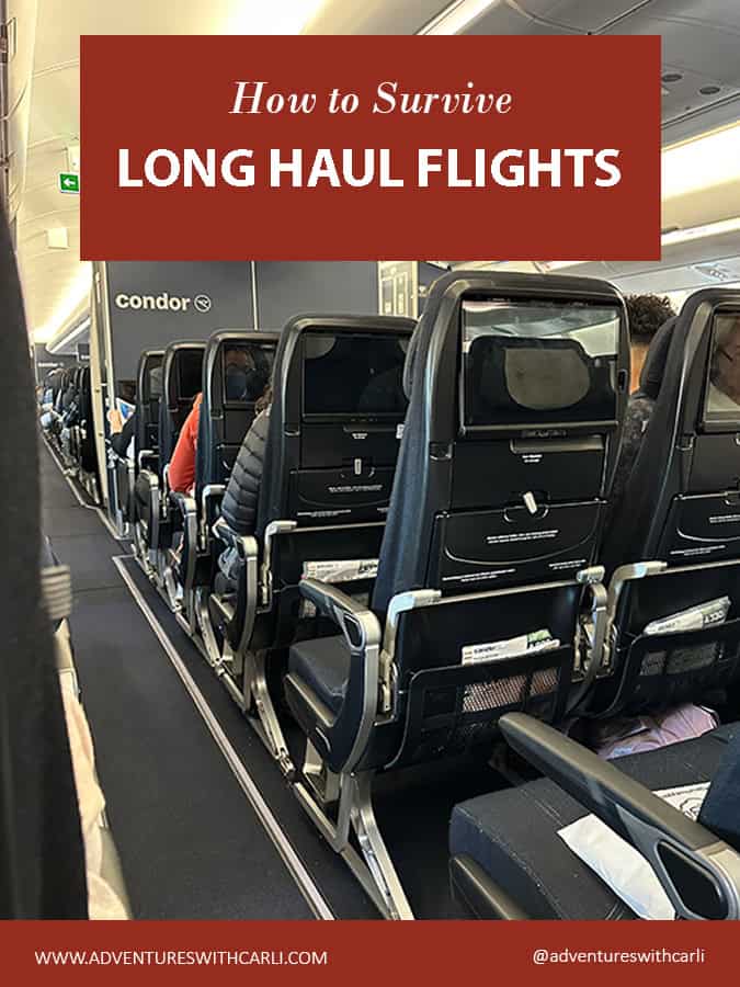poster reading: how to survive long haul flights. background image of airplane aisle and rows of seats looking ahead