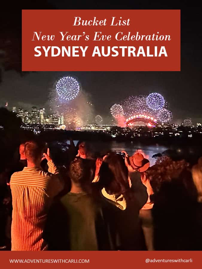 poster reading: bucket list New Years Eve Celebration in Sydney Australia background image is group of people standing watching fireworks over sydney harbour