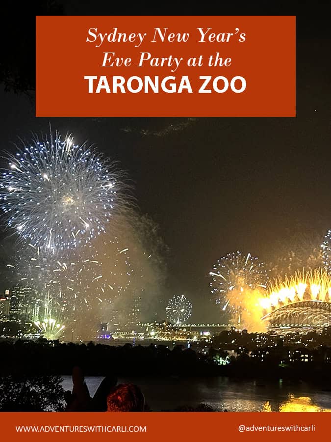 Poster reading: Sydney New Years Eve Party at the Taronga Zoo background image of fireworks giving off from Sydney harbor bridge