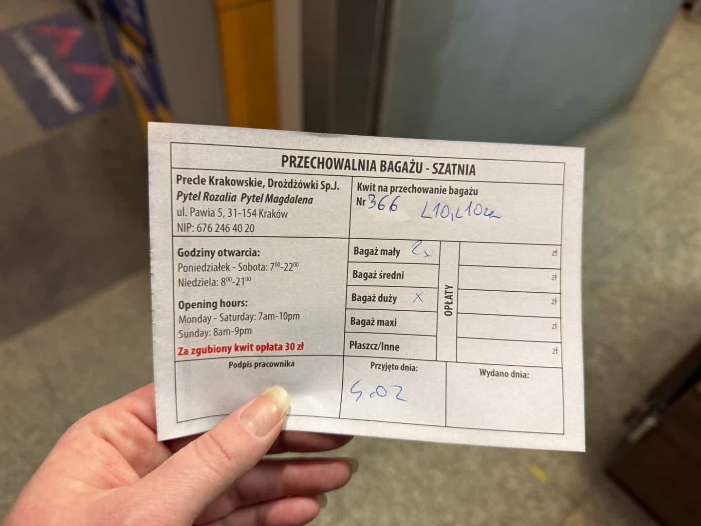 receipt from Krakow train station luggage storage