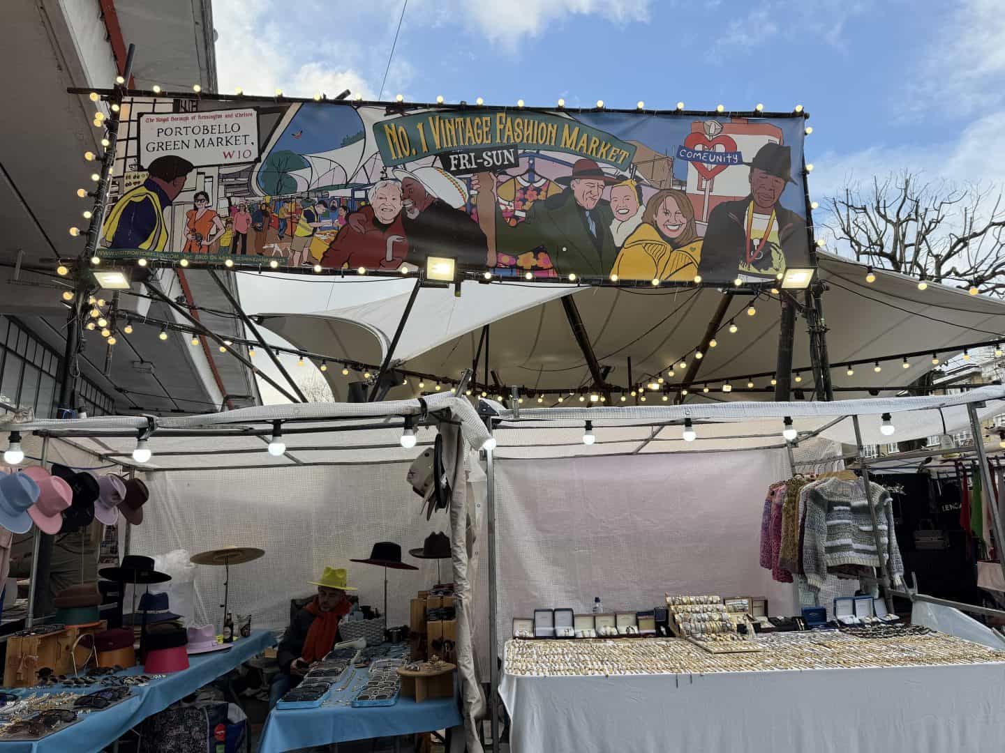 portobello road green market stalls in London