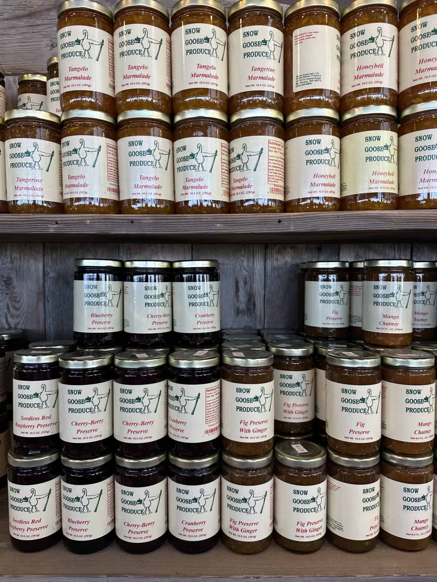 wall of marmalade and preserves at snowgoose produce