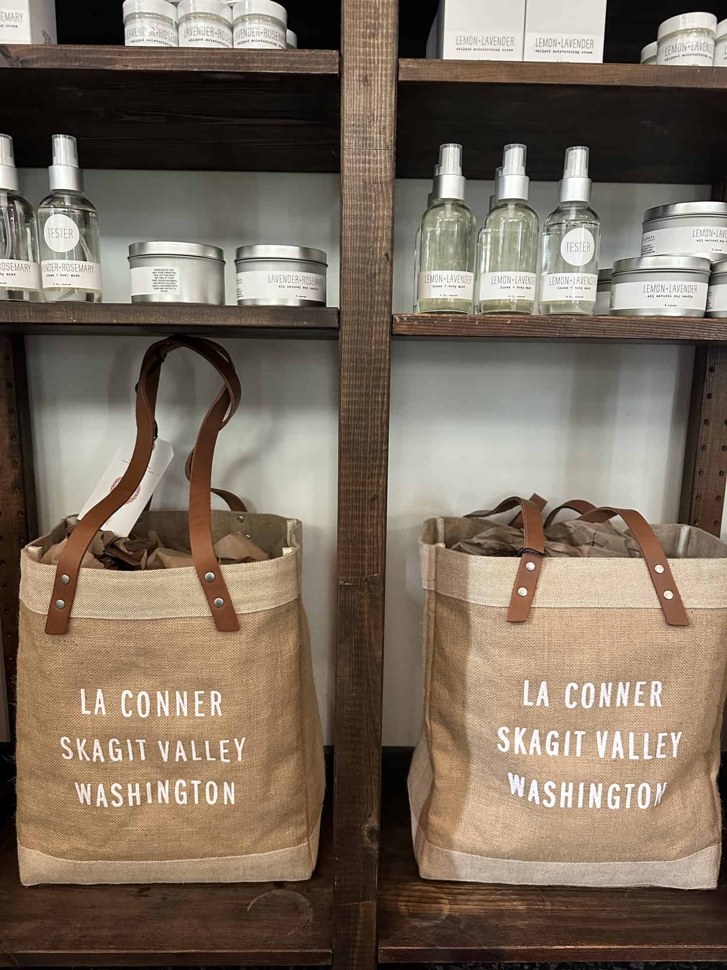 burlap tote bag reading la conner skagit valley washington