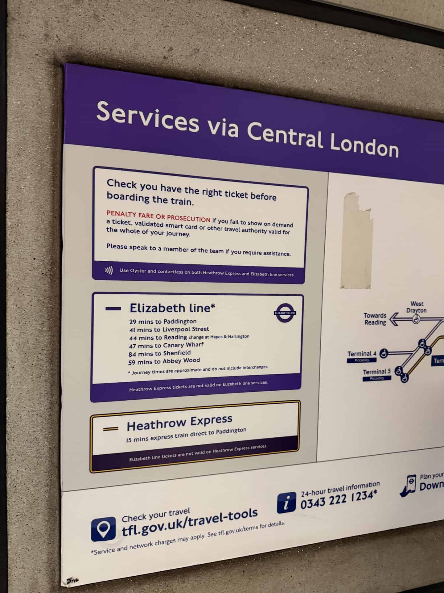signage for train services to central london from heathrow airport