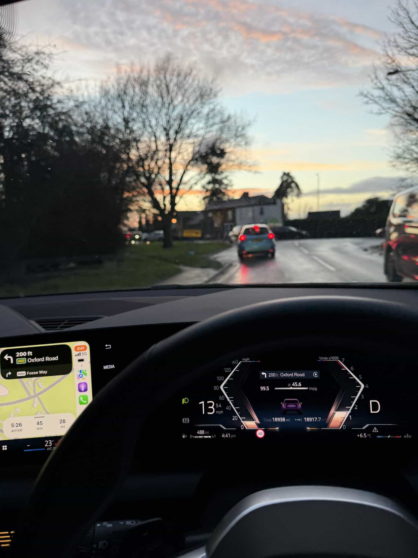 interior of rental car at sunset in England