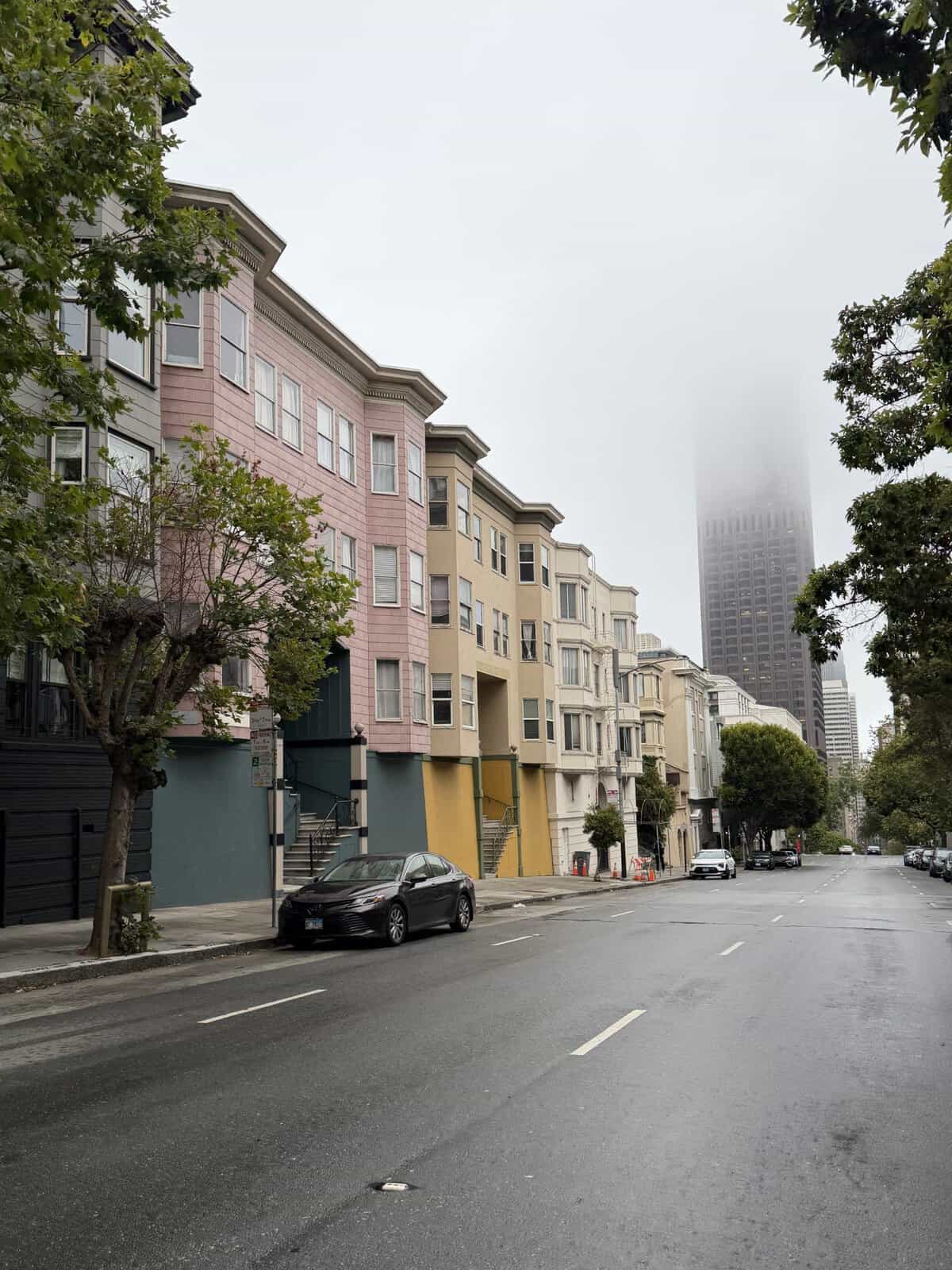 Row of pastel-colored townhouses along a tree-lined street with a tall foggy skyscraper in the distance.