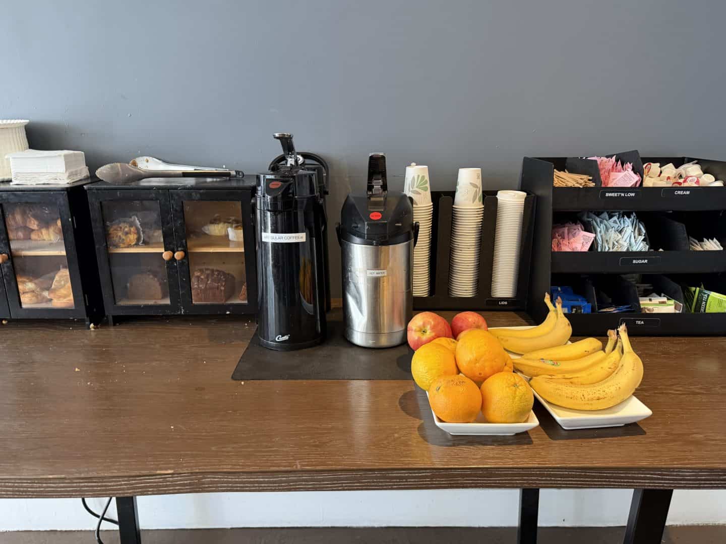 Hotel Garrett Coffee and Fruit Station - Adventures with Carli Coffee station with fruit and supplies at Hotel Garrett, San Francisco.