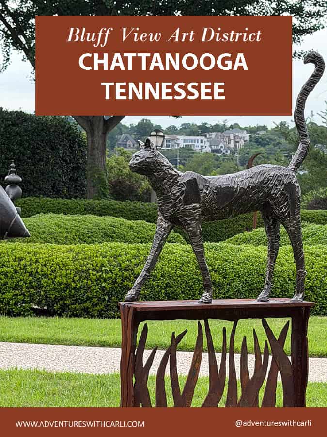 poster reading: Bluff View Art District Chattanooga Tennessee with photo of bronze cat sculpture with hedges in the background