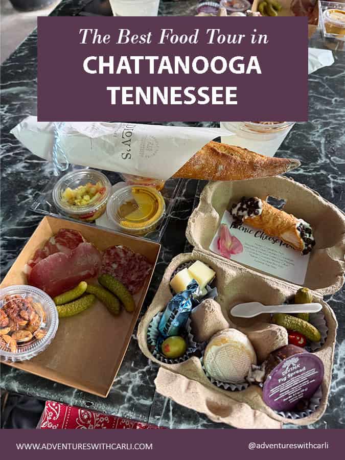 poster: the best food tour in chattanooga tennesee. background image of selection of picnic foods