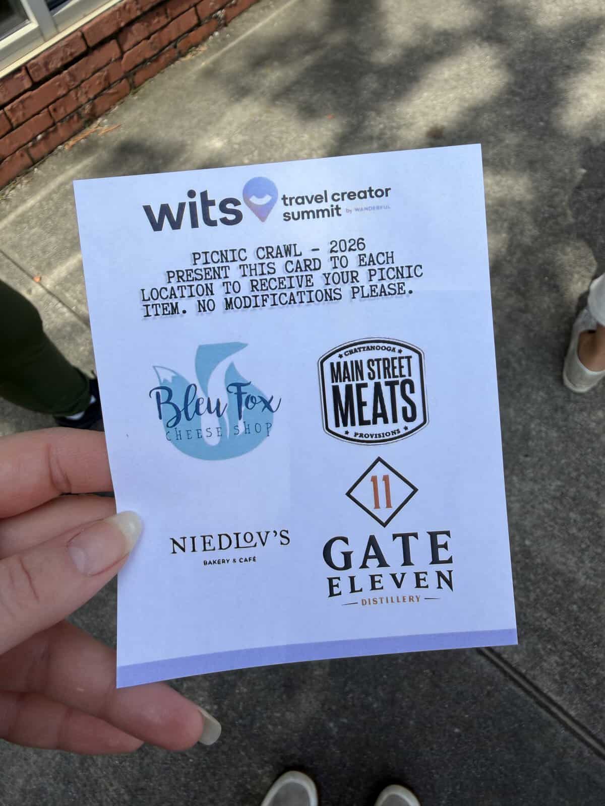 chattanooga food tour picnic crawl passport sheet with 4 vendors: Bleu Fox, Main Street Meats, Niedlov’s, Gate Eleven Distillery