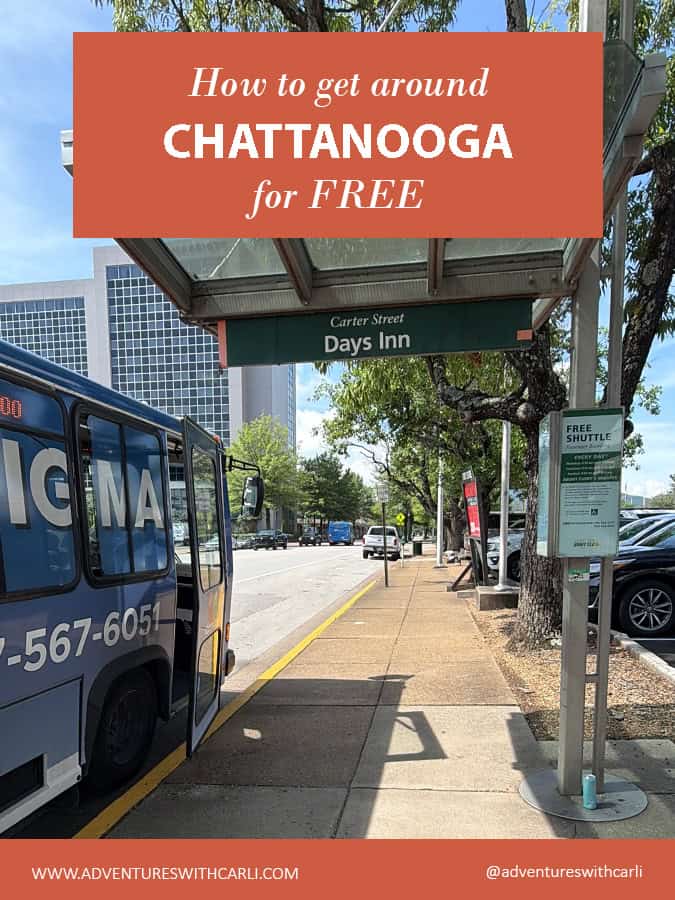 poster: how to get around chattanooga for free background image of chattanooga shuttle bus at curb next to Days Inn bus stop
