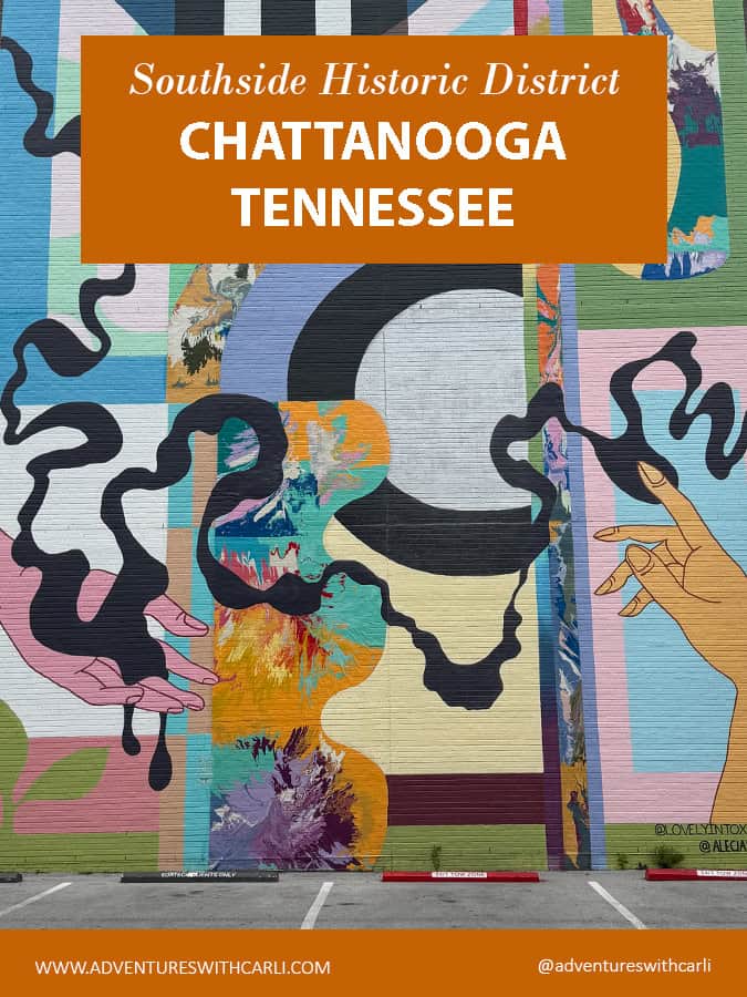 poster reading southside historic district chattanooga tennessee, colorful abtract mural in background