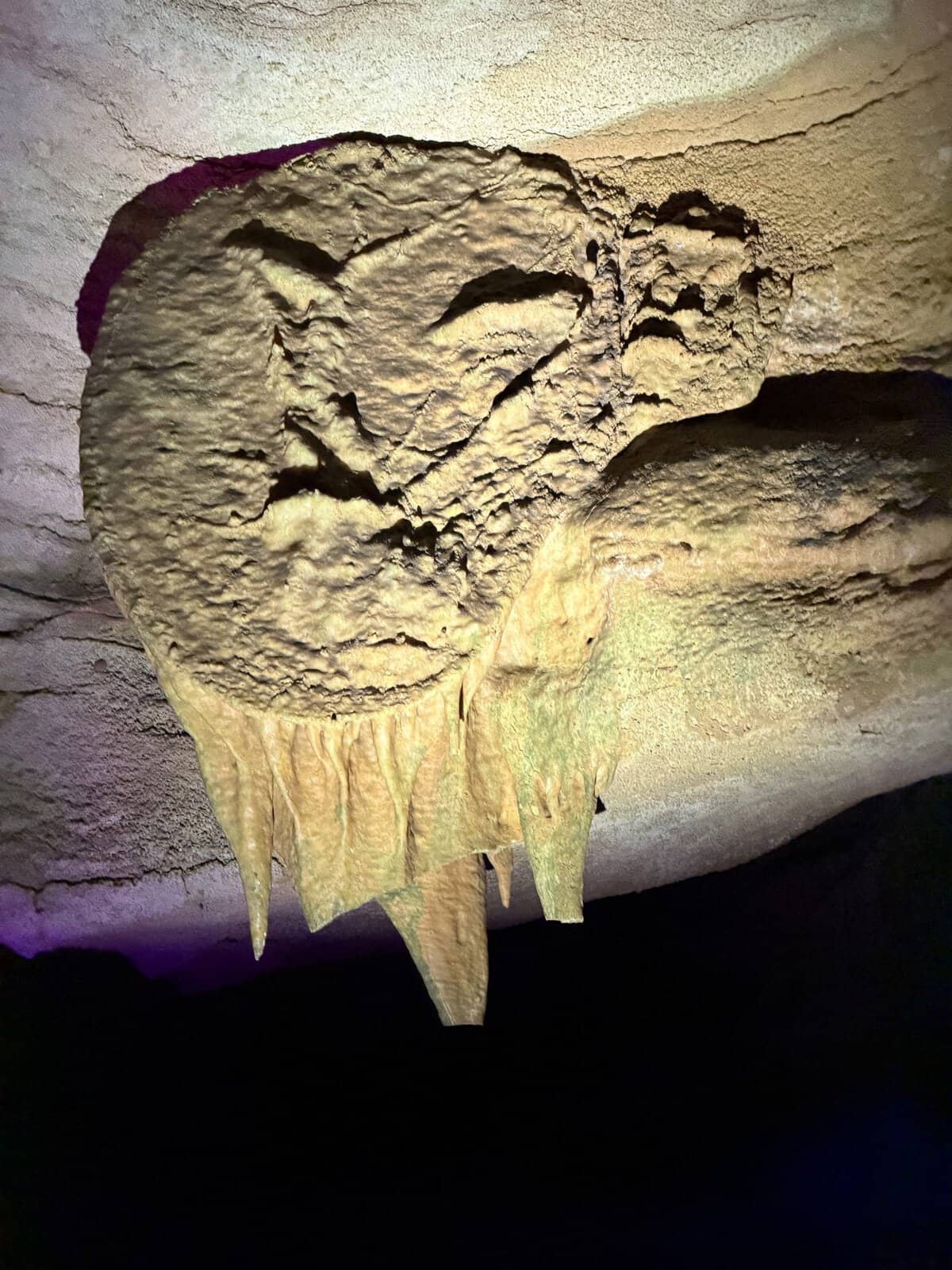 Rough limestone cave wall with hanging stalactites in a dimly lit passage.