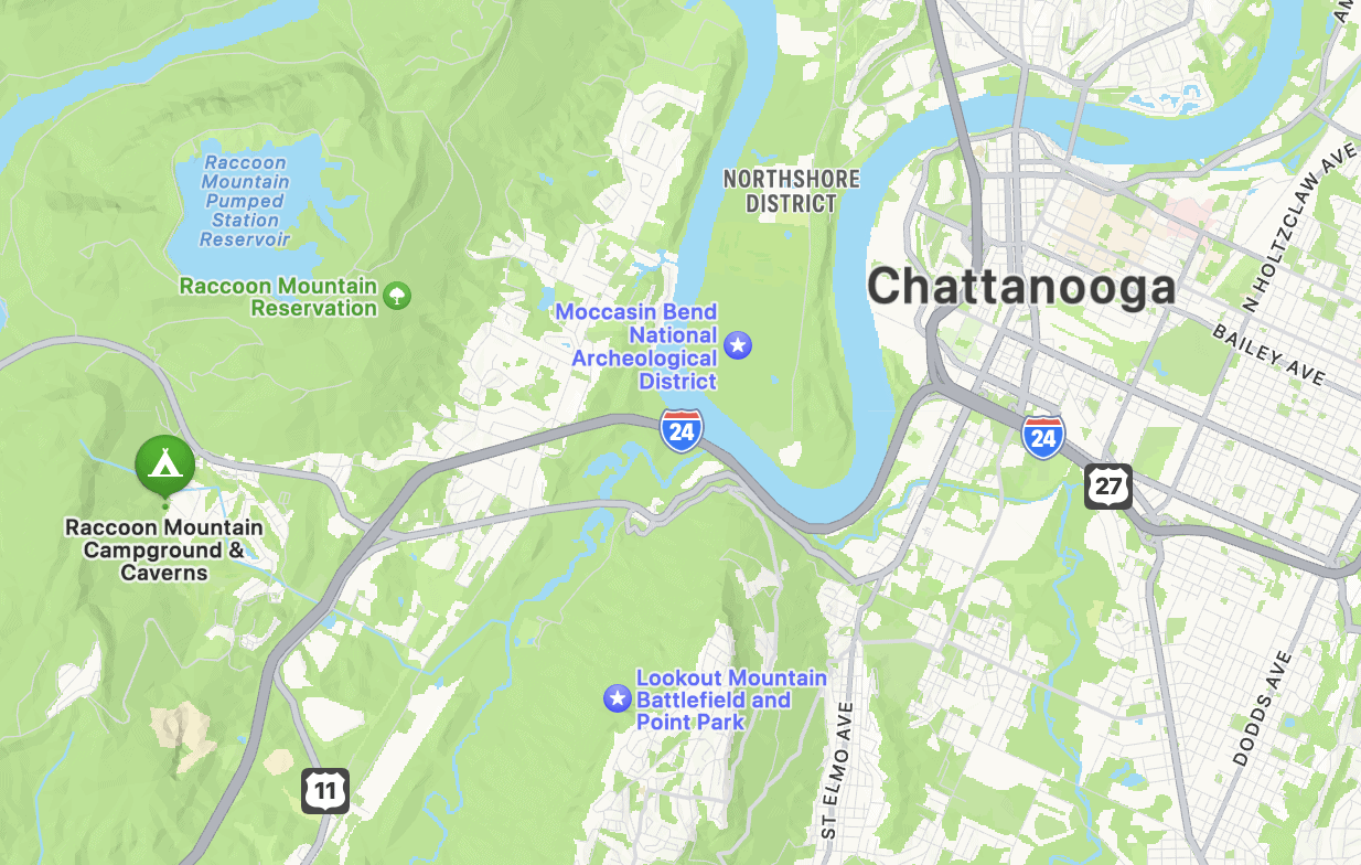 map of chattanooga with raccoon mountain caverns highlighted to the west