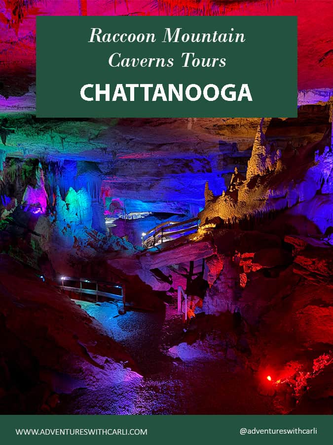 poster reading: raccoon mountain caverns tours with image of crystal palace cavern bathed in colorful lights in background