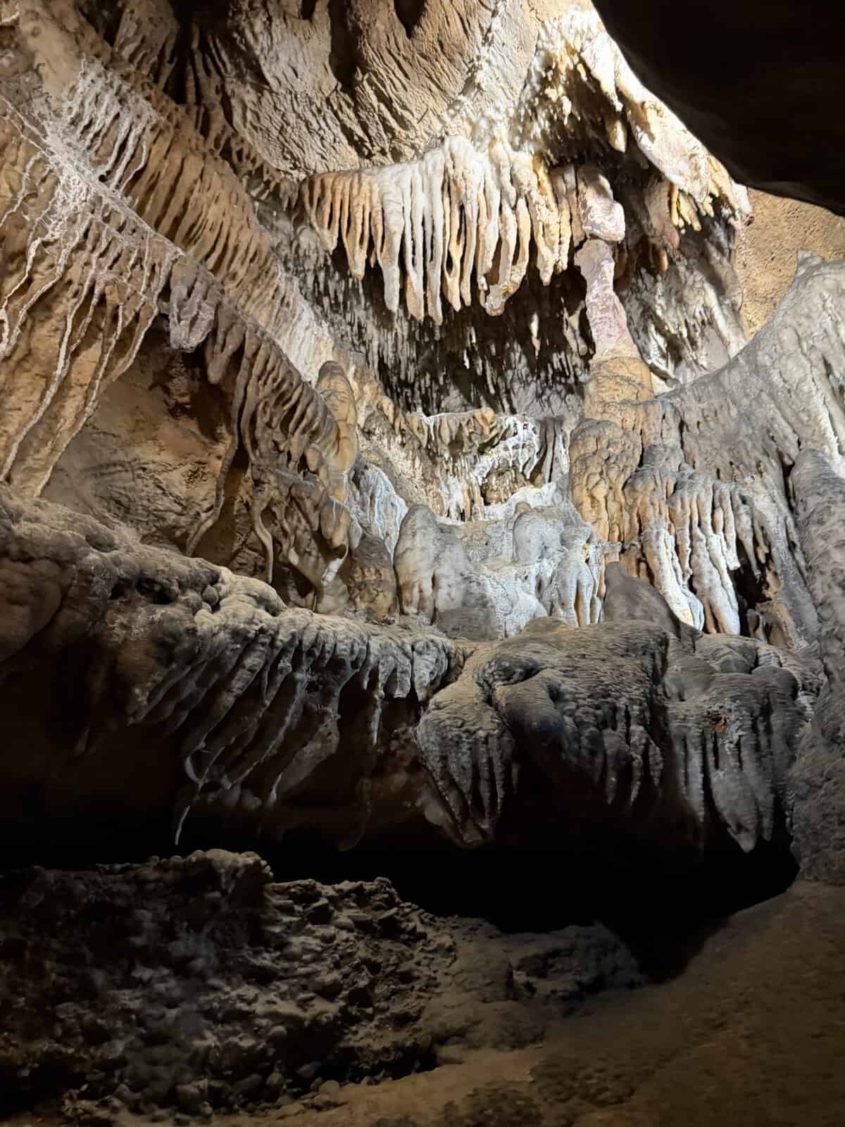 Inside a dim cave with hanging stalactites and rising stalagmites forming a textured, rocky chamber, illuminated softly by artificial light.