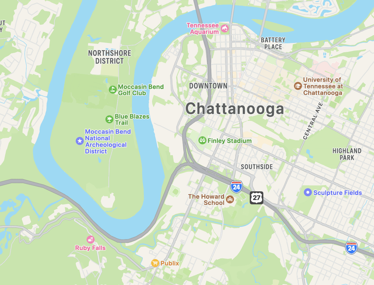 Map view of Chattanooga area showing Ruby Falls marker south west of the city