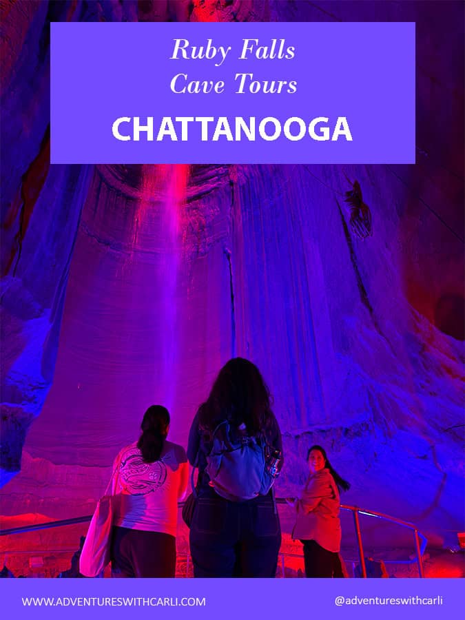poster: ruby falls cave tours, chattanooga. background image 3 women taking a photo of ruby falls