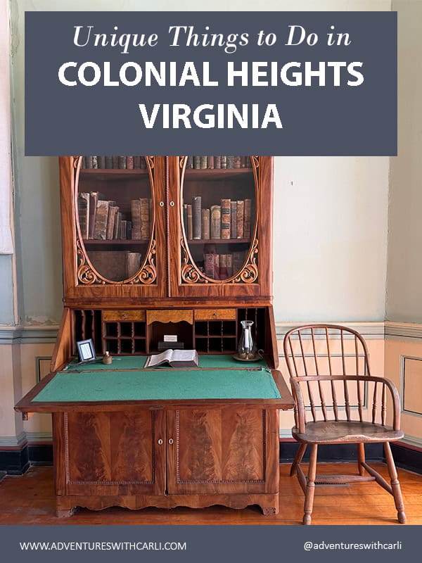 poster reading unique Things to Do in Colonial Heights VA background image of vintage burl wood bookcase with fold out writing surface and wood spindle side chair