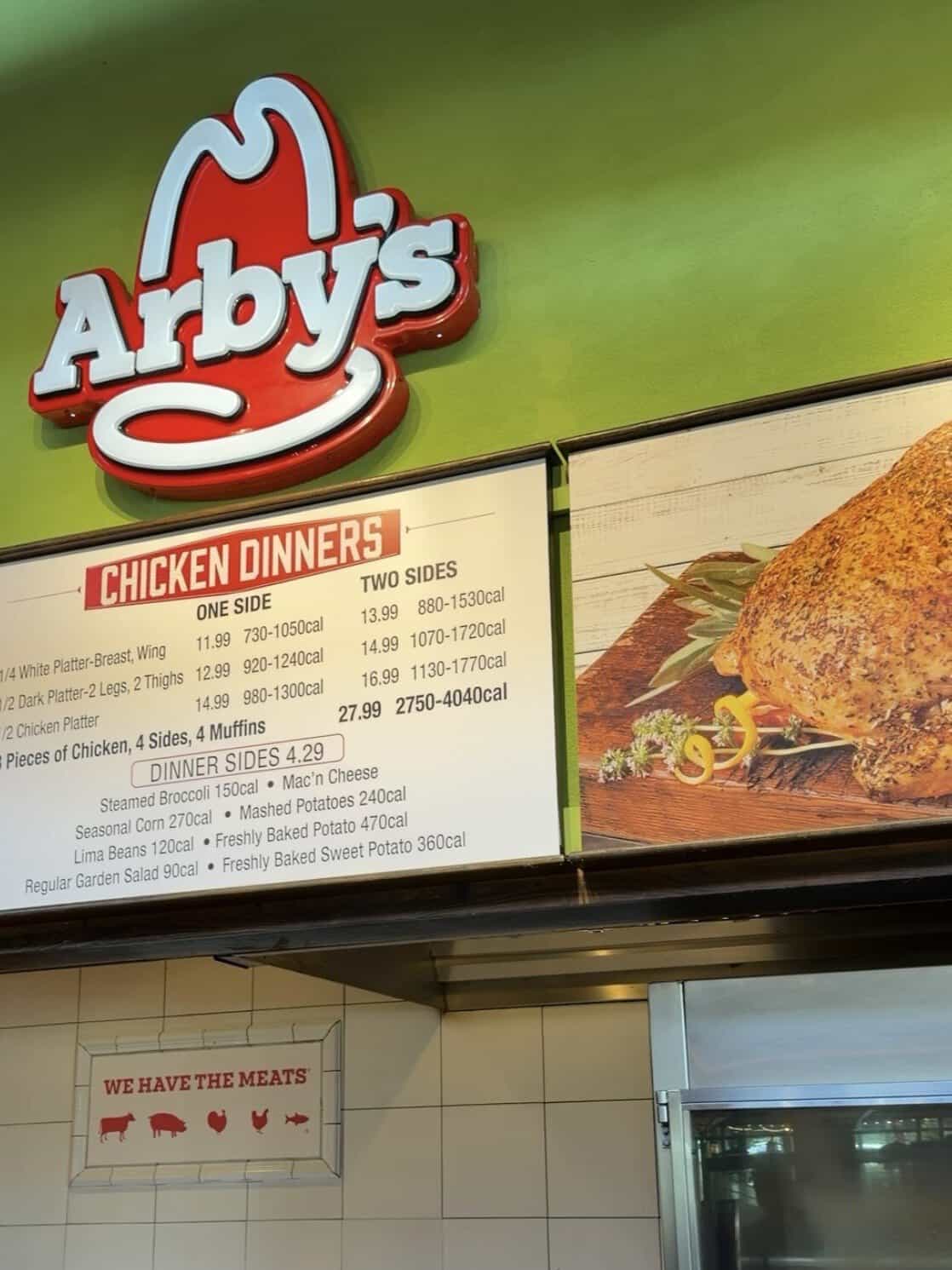 wall menu for chicken dinners listing options, calories and pricing at Arby's